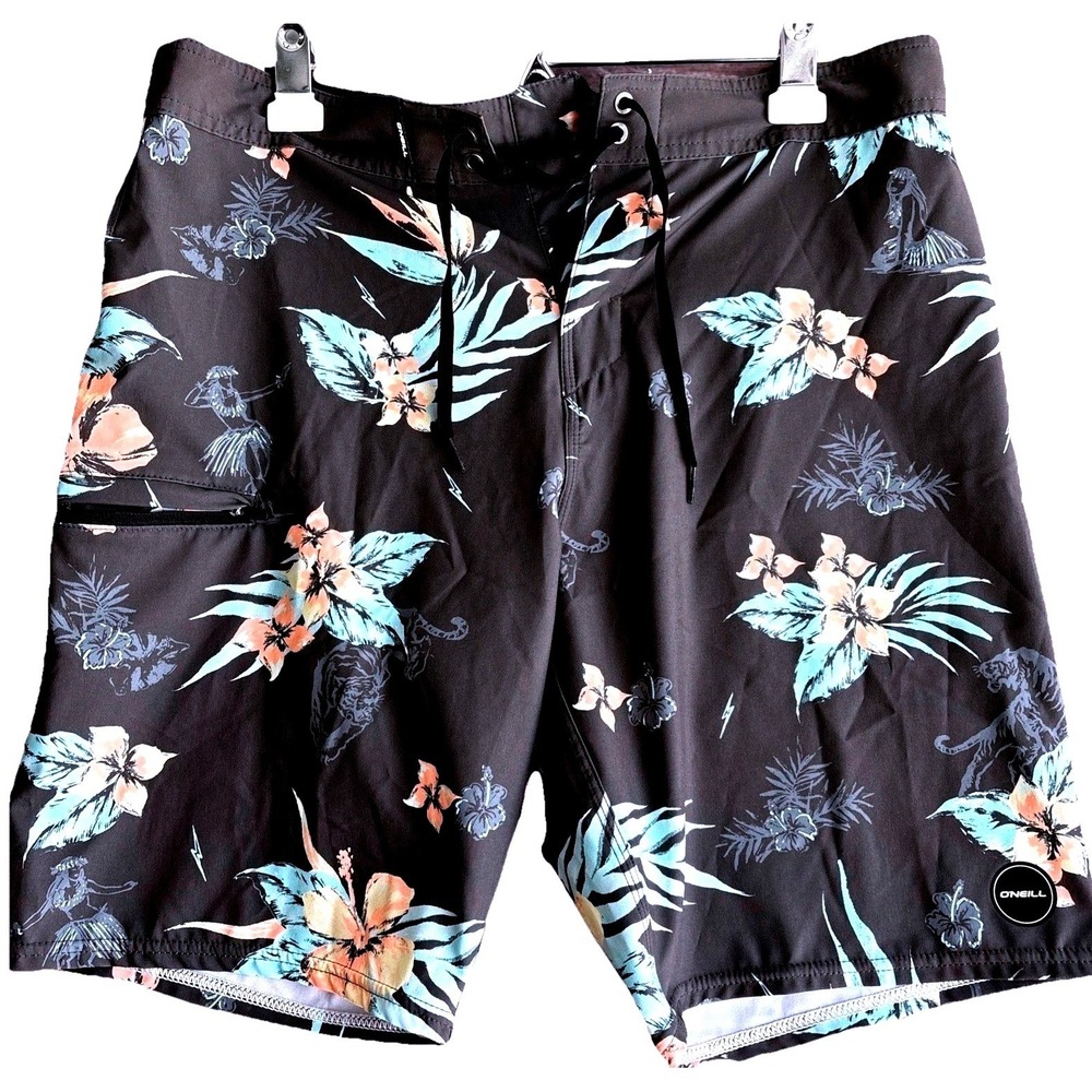 ONeill Mens Board Shorts Mens 33 Black Tropical Hula Girl Tigers Swim Trunks